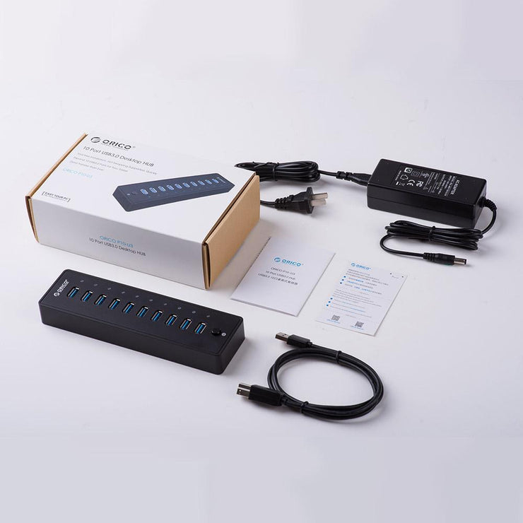 ORICO USB HUB3.0 External 10 Port USB Splitter with VL812 12V3A EU/UK Power Adapter