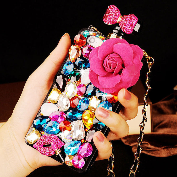 For iPhone 13 Pro Phone Cases Rhinestone 6 7 8 Plus Perfume Bottle Protective Cover Flower Lips Lanyard