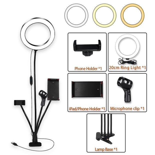 8inch LED Ring Light kit for Makeup Tutorial YouTube Video Live Stream For iPad Microphone Phone Holder Selfie Beauty Ring Light