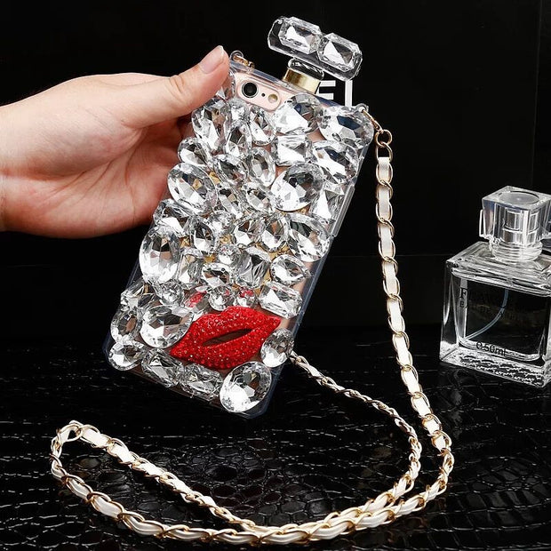 For iPhone 13 Pro Phone Cases Rhinestone 6 7 8 Plus Perfume Bottle Protective Cover Flower Lips Lanyard