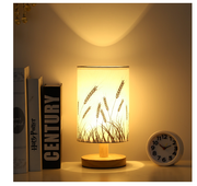 Linen Table Lamp LED Linen Night Lamp w/Warm White Light Linen Nightstand Lamp USB Powered Wooden Beside Lamp