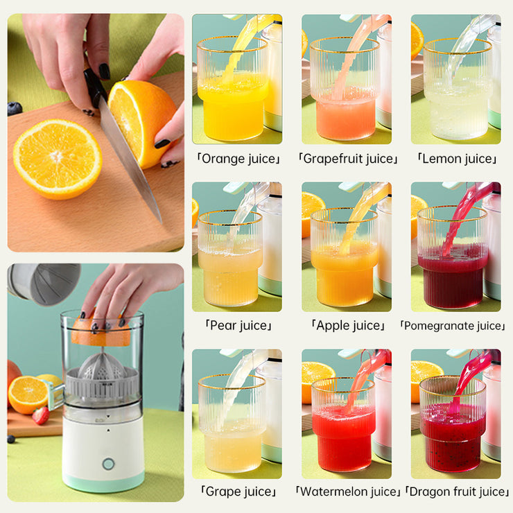 Portable USB - rechargeable slow juicer for oranges, lemons & other fruits. A handy electric blender for home kitchens.