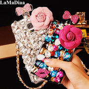 For iPhone 13 Pro Phone Cases Rhinestone 6 7 8 Plus Perfume Bottle Protective Cover Flower Lips Lanyard