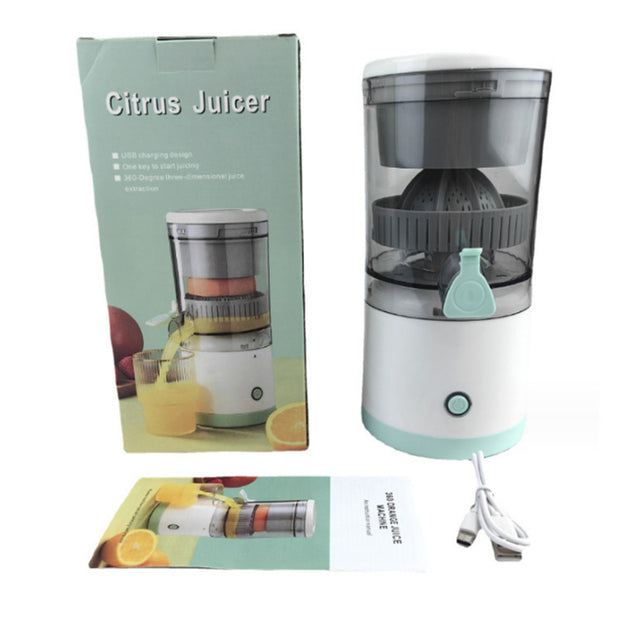 Portable USB - rechargeable slow juicer for oranges, lemons & other fruits. A handy electric blender for home kitchens.