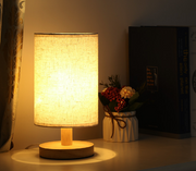 Linen Table Lamp LED Linen Night Lamp w/Warm White Light Linen Nightstand Lamp USB Powered Wooden Beside Lamp